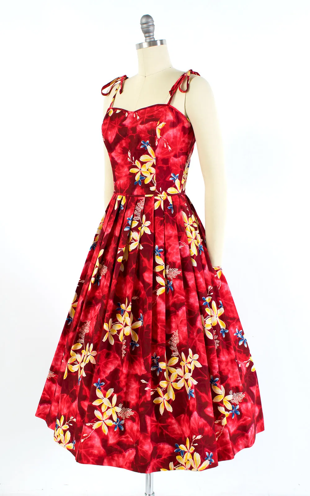 1950s Kamehameha Plumeria Hawaiian Red Cotton Sundress | small