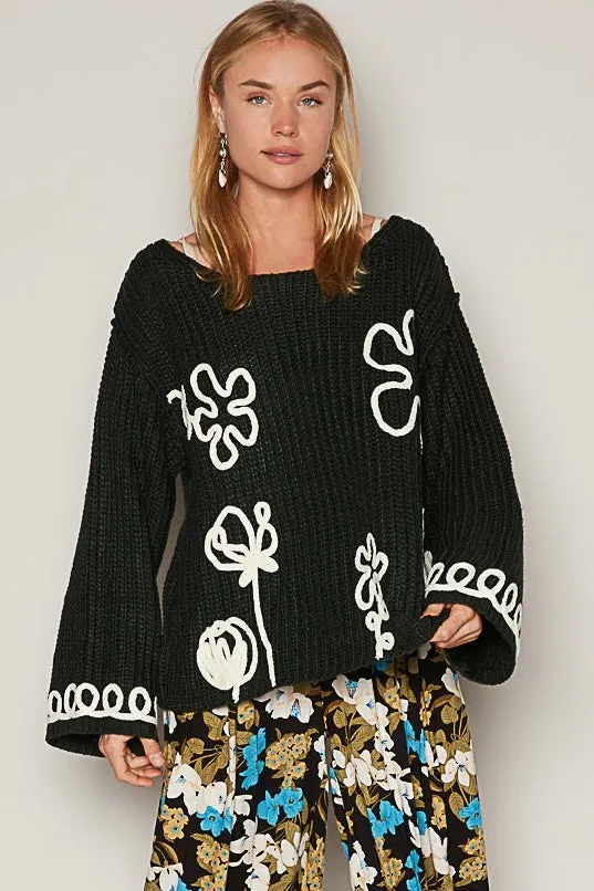 At My Best Soutache Flower Doodle Soft Knit Sweater