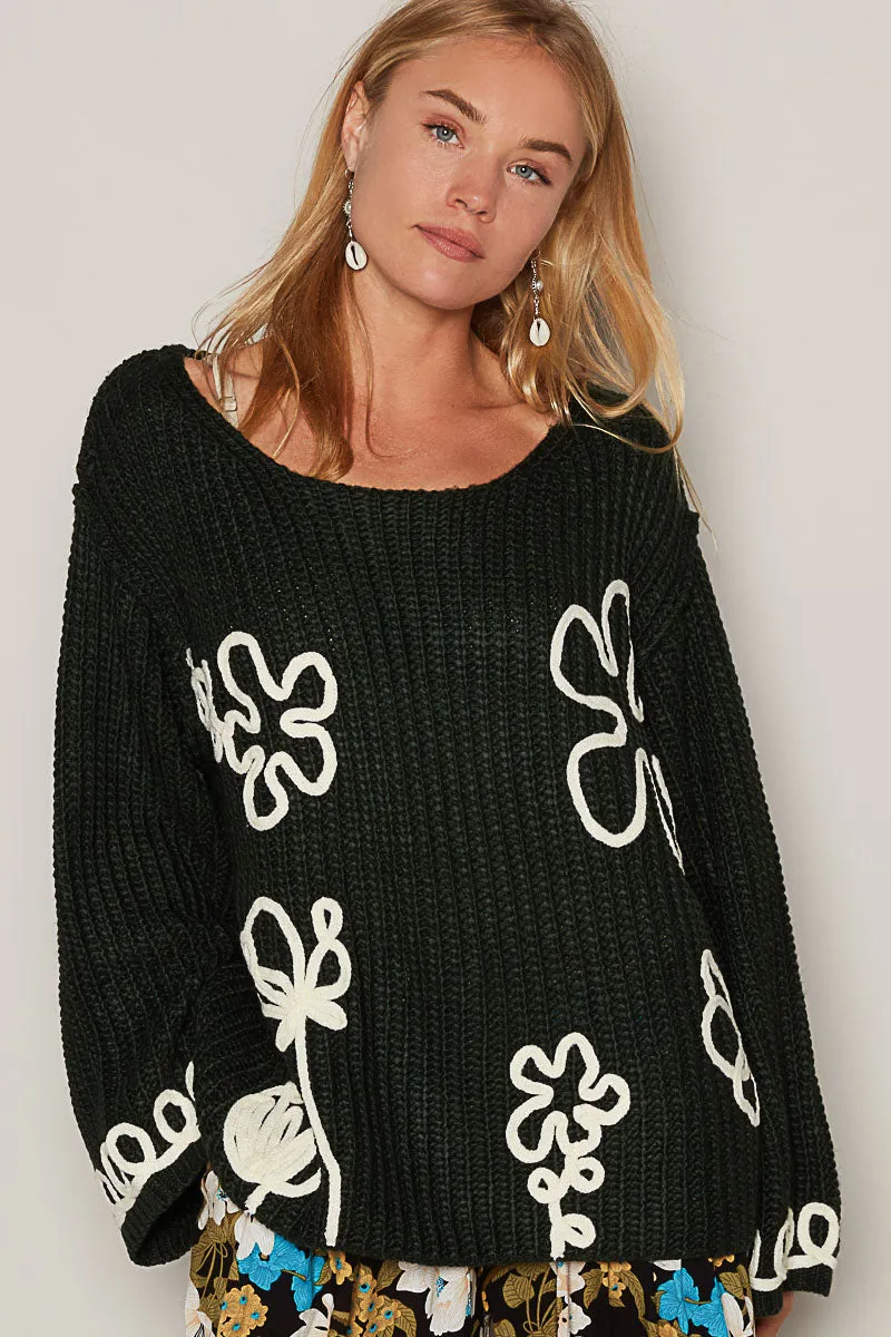 At My Best Soutache Flower Doodle Soft Knit Sweater