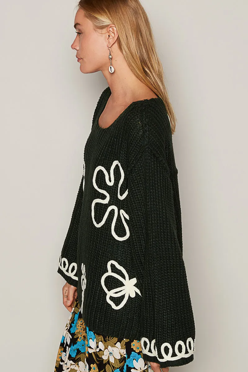 At My Best Soutache Flower Doodle Soft Knit Sweater