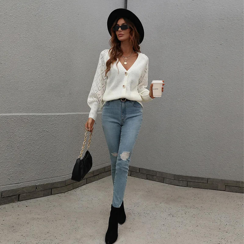 Balloon Sleeve Knit Cardigan With Buttons