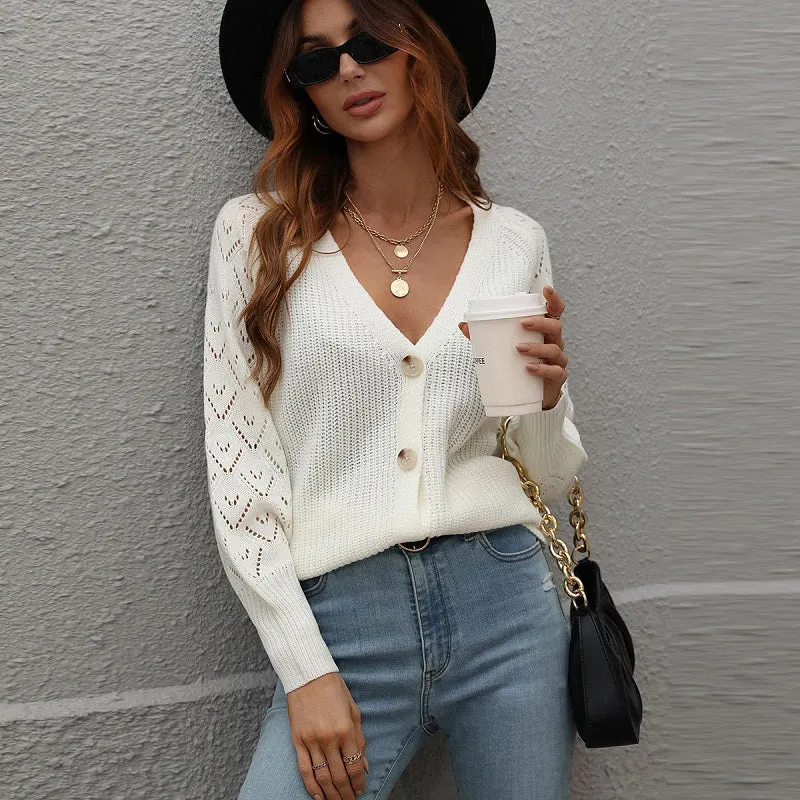 Balloon Sleeve Knit Cardigan With Buttons
