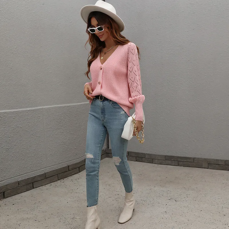 Balloon Sleeve Knit Cardigan With Buttons