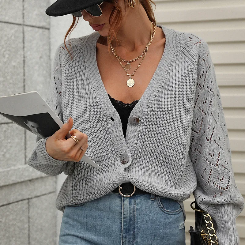 Balloon Sleeve Knit Cardigan With Buttons
