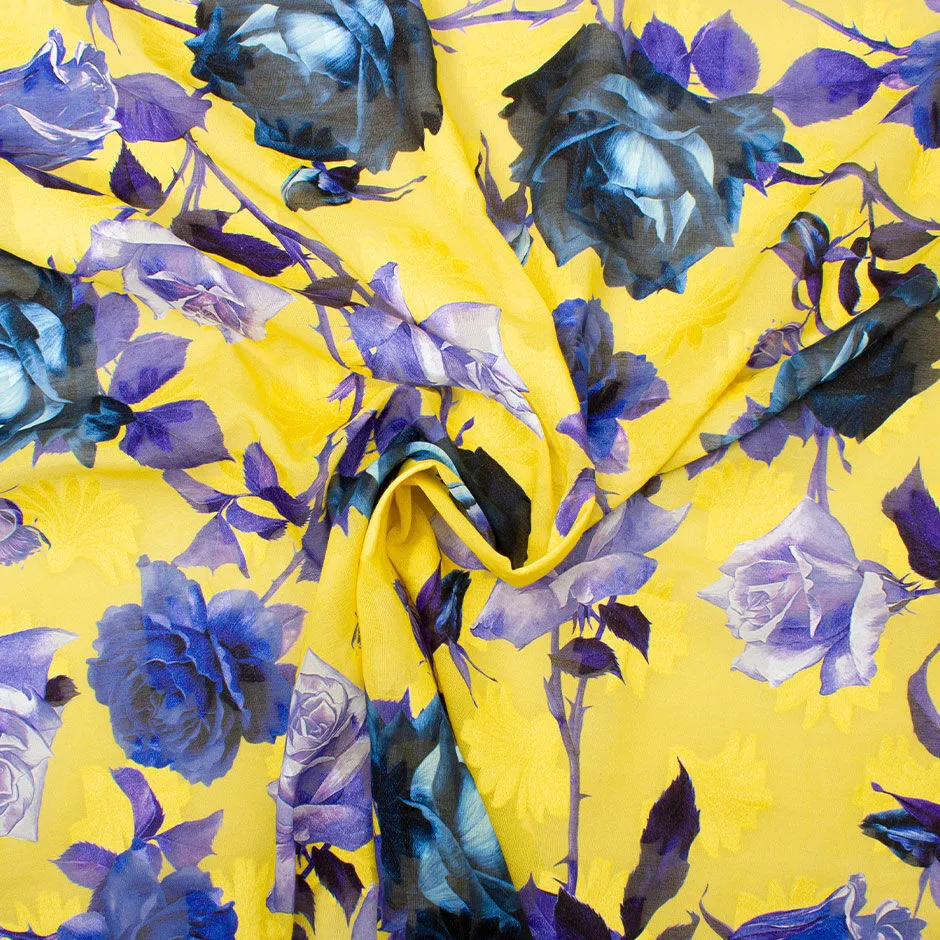 Blue & Purple Rose Printed Yellow Cotton Voile Jacquard