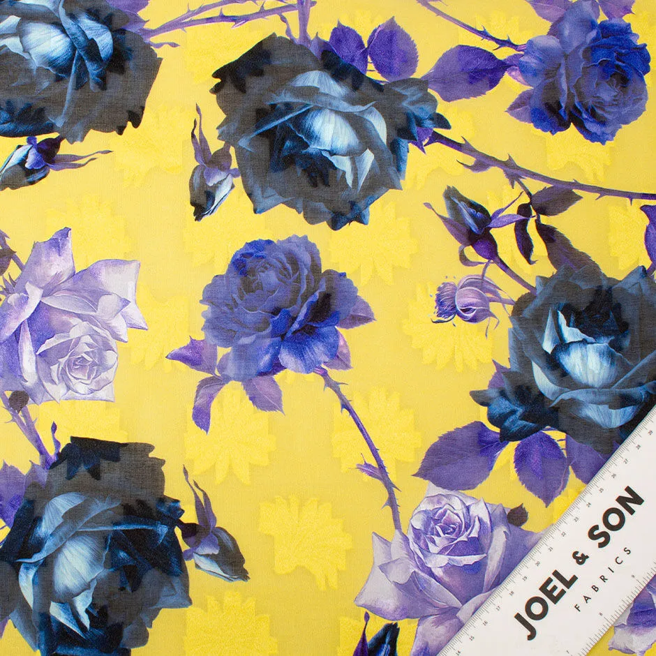 Blue & Purple Rose Printed Yellow Cotton Voile Jacquard
