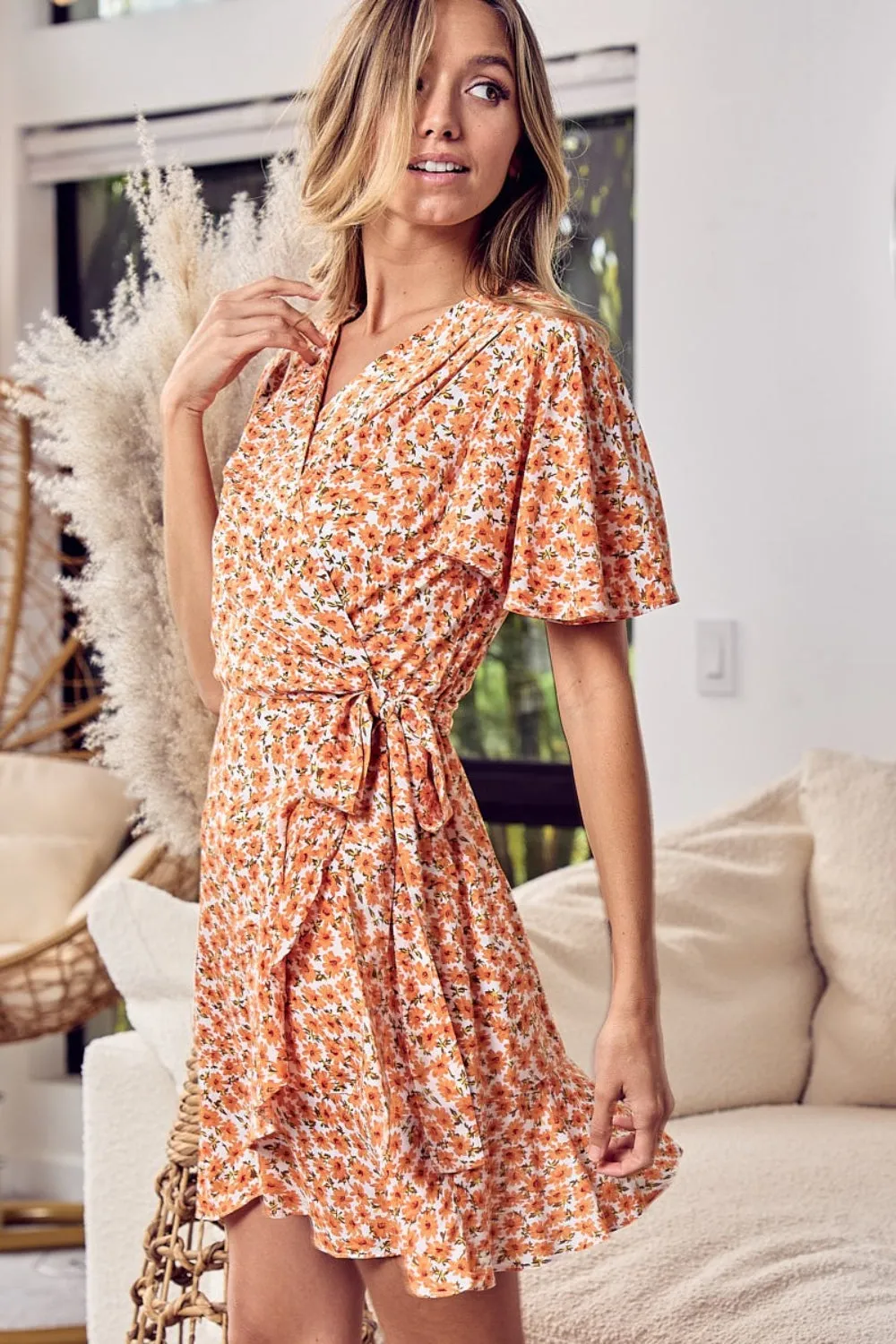 Blue Zone Planet |  BiBi Floral Tied Short Sleeve Mini Wrap Dress