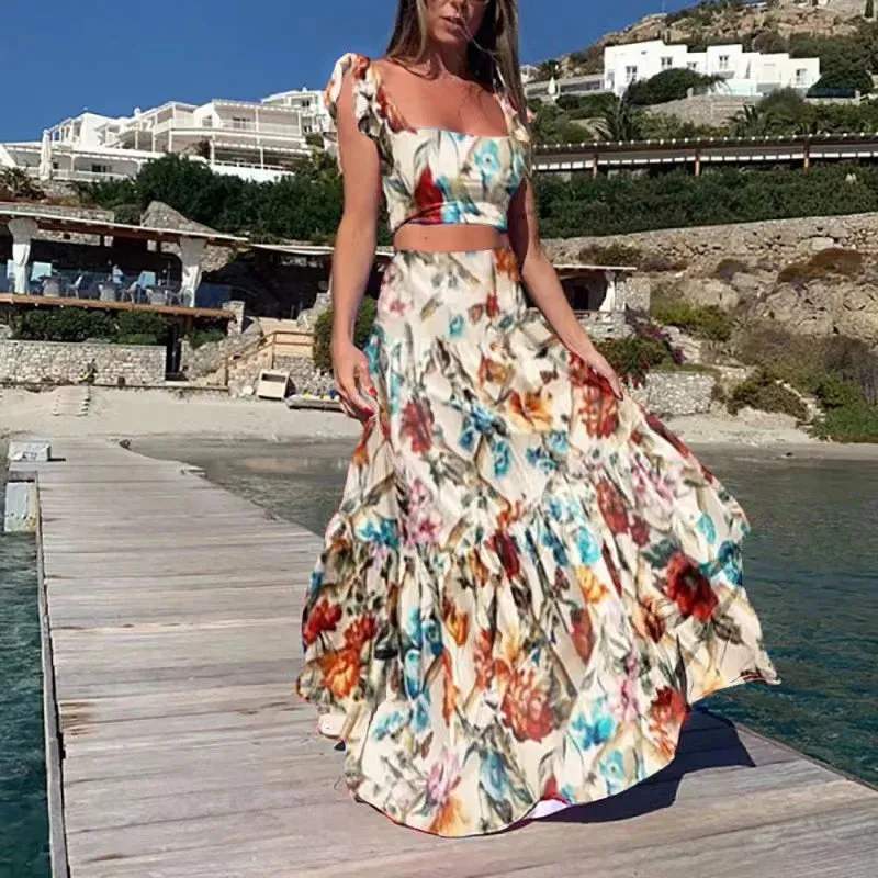 Bohemian Flower Sleeveless Loose A-line Ruffled Square Collar Crop Top   Maxi Skirt 2-Piece Set
