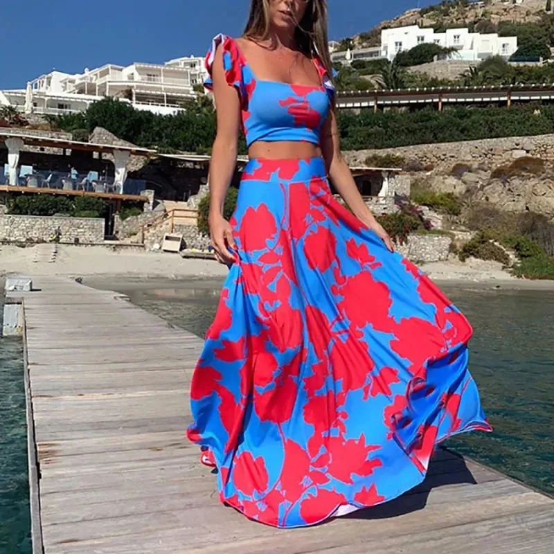 Bohemian Flower Sleeveless Loose A-line Ruffled Square Collar Crop Top   Maxi Skirt 2-Piece Set