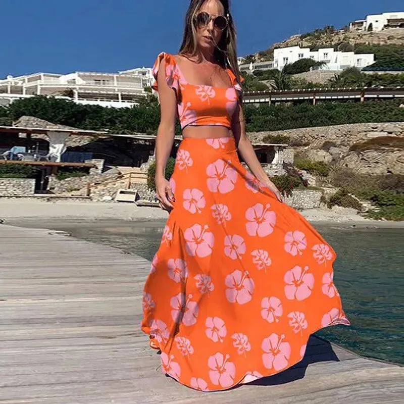 Bohemian Flower Sleeveless Loose A-line Ruffled Square Collar Crop Top   Maxi Skirt 2-Piece Set