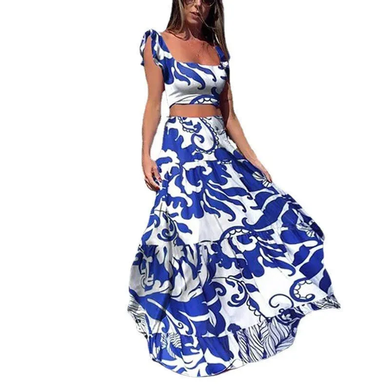 Bohemian Flower Sleeveless Loose A-line Ruffled Square Collar Crop Top   Maxi Skirt 2-Piece Set