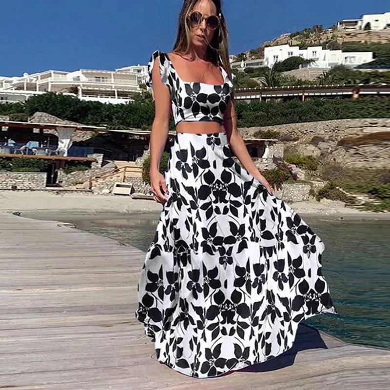 Bohemian Flower Sleeveless Loose A-line Ruffled Square Collar Crop Top   Maxi Skirt 2-Piece Set