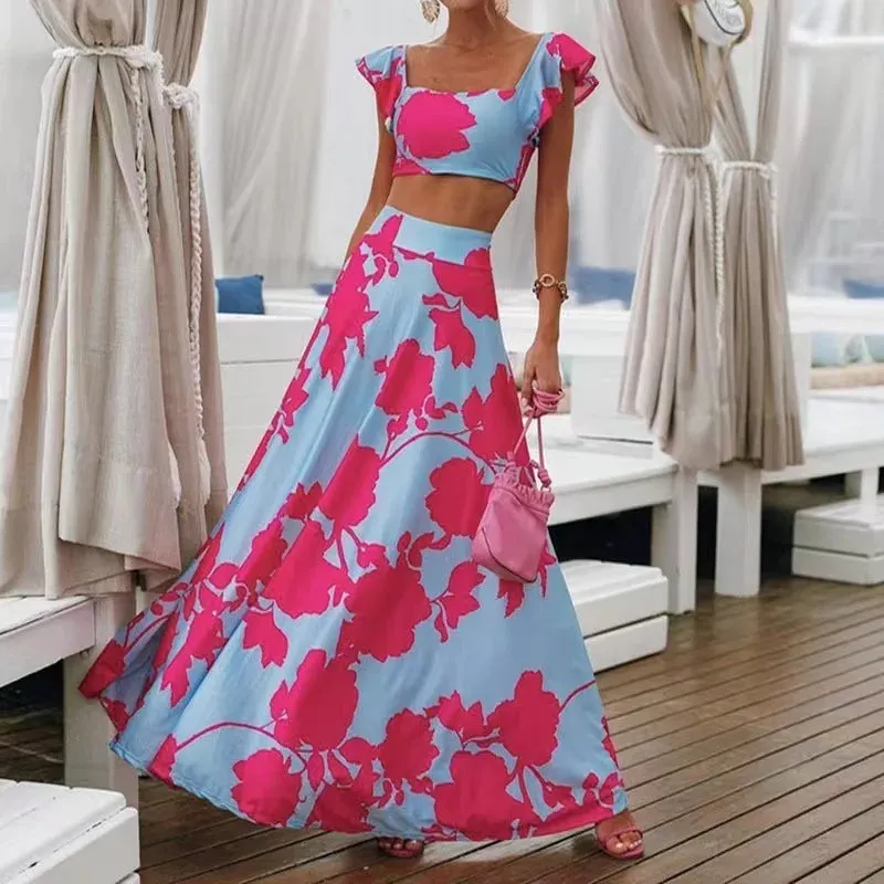 Bohemian Flower Sleeveless Loose A-line Ruffled Square Collar Crop Top   Maxi Skirt 2-Piece Set