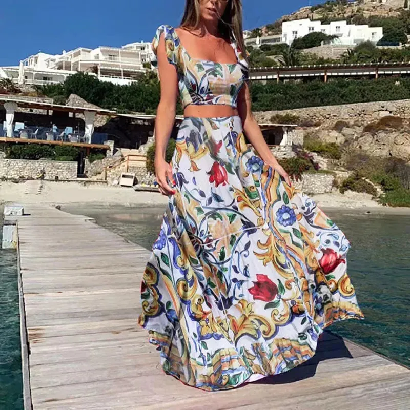 Bohemian Flower Sleeveless Loose A-line Ruffled Square Collar Crop Top   Maxi Skirt 2-Piece Set