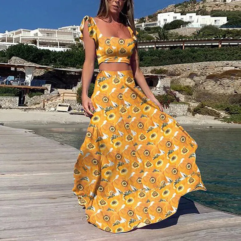 Bohemian Flower Sleeveless Loose A-line Ruffled Square Collar Crop Top   Maxi Skirt 2-Piece Set