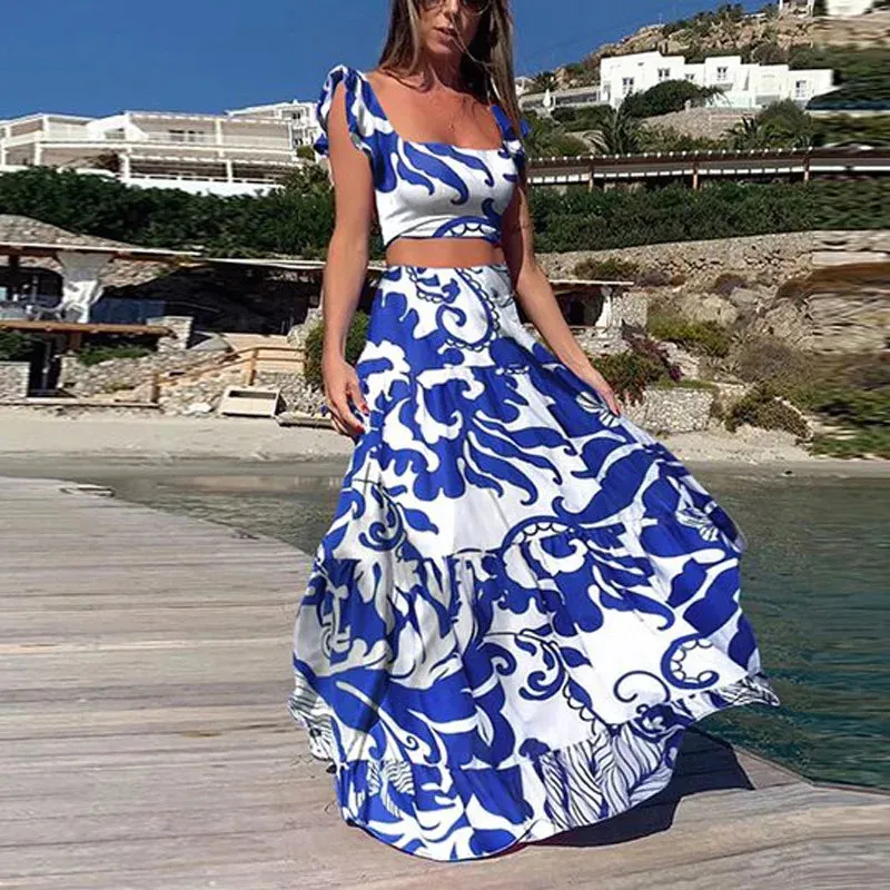Bohemian Flower Sleeveless Loose A-line Ruffled Square Collar Crop Top   Maxi Skirt 2-Piece Set