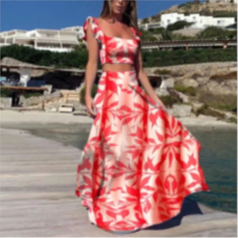 Bohemian Flower Sleeveless Loose A-line Ruffled Square Collar Crop Top   Maxi Skirt 2-Piece Set