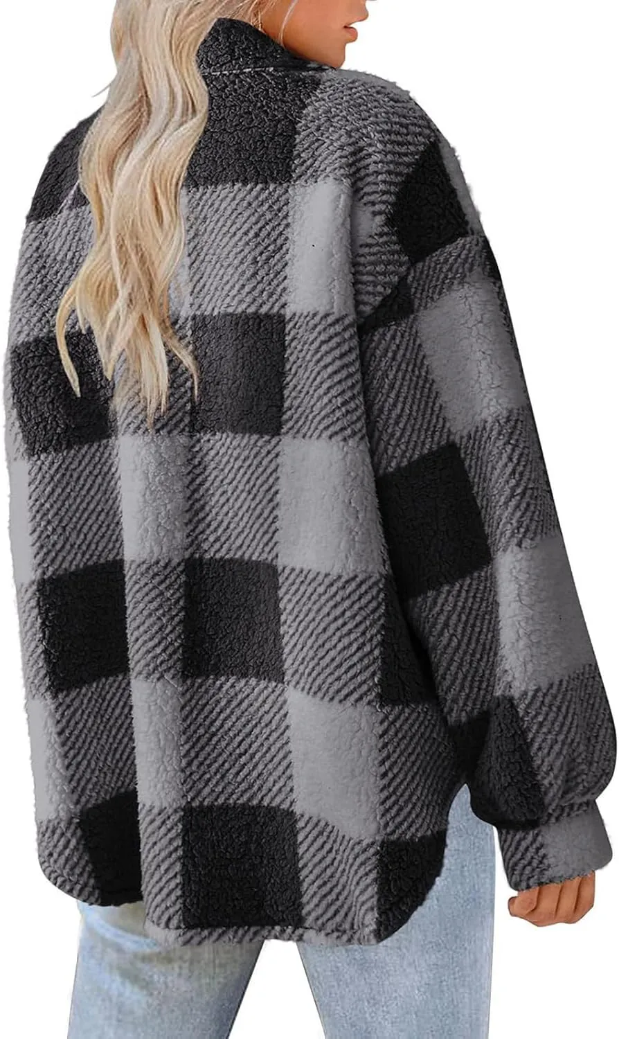 Cdiecer Women Flannel Jacket Fuzzy Plaid Jacket Button Down Teddy Coat Long Sleeve Sherpa Jackets Winter Warm Coats