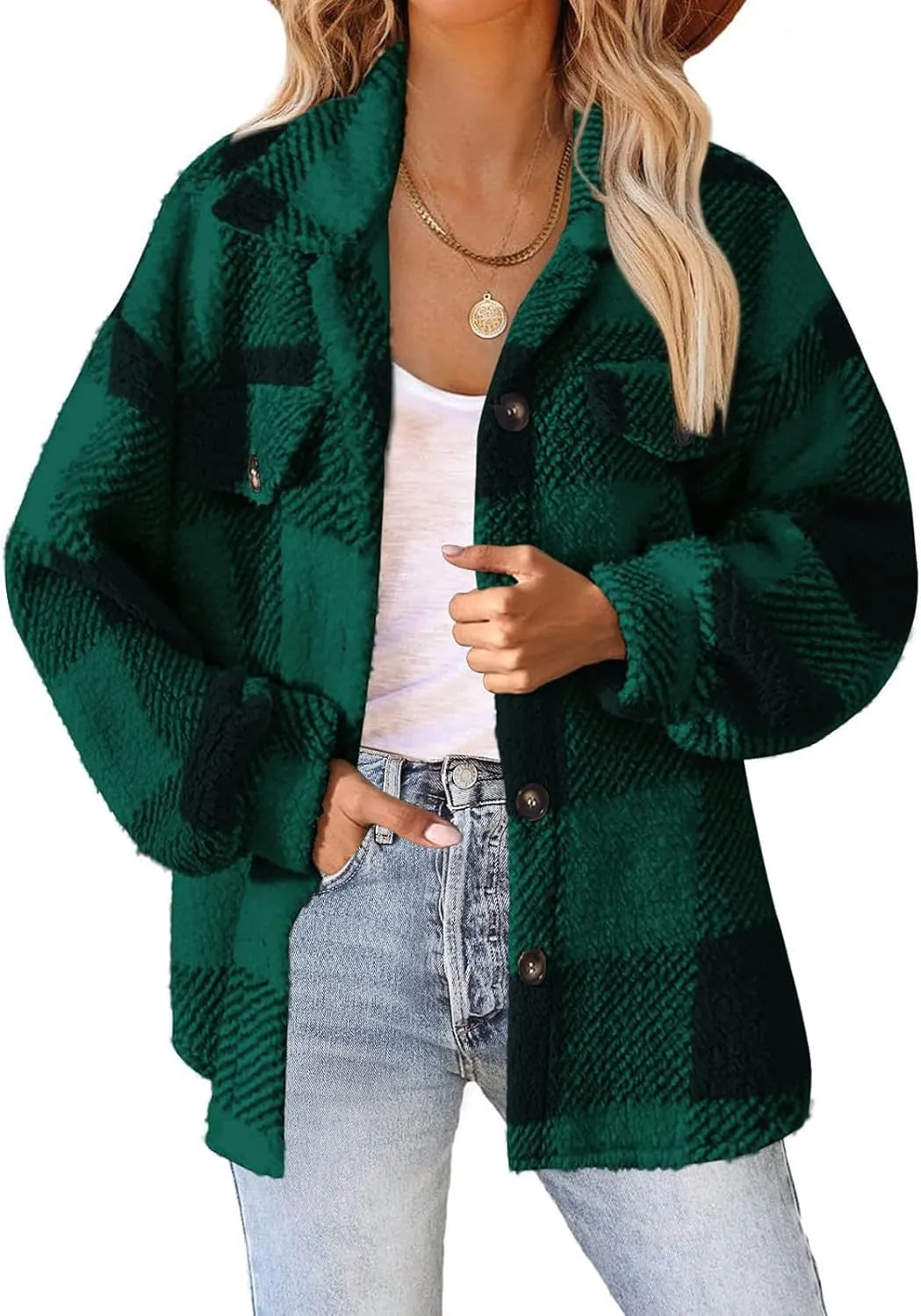 Cdiecer Women Flannel Jacket Fuzzy Plaid Jacket Button Down Teddy Coat Long Sleeve Sherpa Jackets Winter Warm Coats