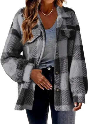 Cdiecer Women Flannel Jacket Fuzzy Plaid Jacket Button Down Teddy Coat Long Sleeve Sherpa Jackets Winter Warm Coats