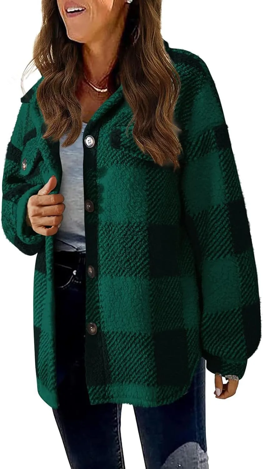 Cdiecer Women Flannel Jacket Fuzzy Plaid Jacket Button Down Teddy Coat Long Sleeve Sherpa Jackets Winter Warm Coats