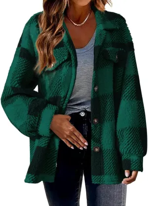Cdiecer Women Flannel Jacket Fuzzy Plaid Jacket Button Down Teddy Coat Long Sleeve Sherpa Jackets Winter Warm Coats