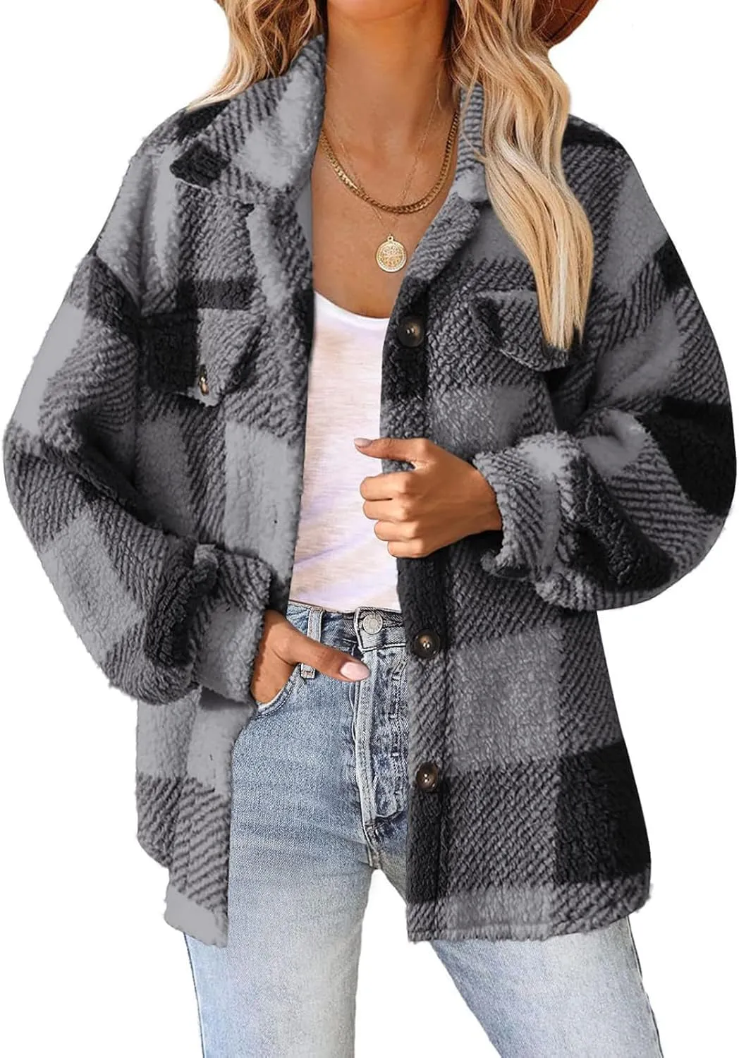 Cdiecer Women Flannel Jacket Fuzzy Plaid Jacket Button Down Teddy Coat Long Sleeve Sherpa Jackets Winter Warm Coats