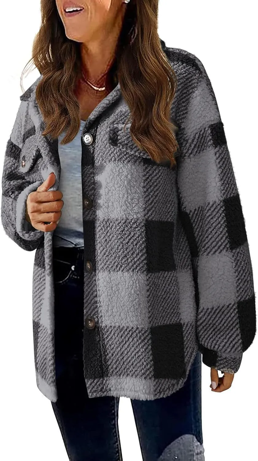 Cdiecer Women Flannel Jacket Fuzzy Plaid Jacket Button Down Teddy Coat Long Sleeve Sherpa Jackets Winter Warm Coats