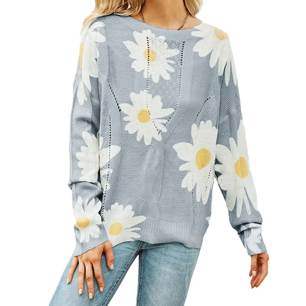 Chouyatou Women's Crewneck Long Sleeve Floral Printed Knitted Sweater Pullover Tops