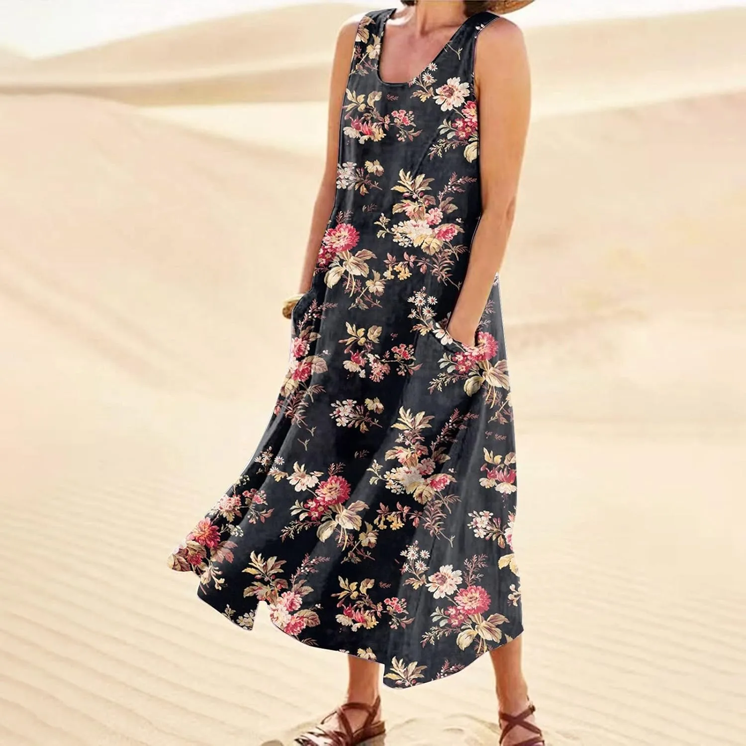 Cotton Linen Dresses for Women,Maxi Sleeveless Dresses Summer Casual Print Cotton Linen Sundress with Pockets (S-3XL)