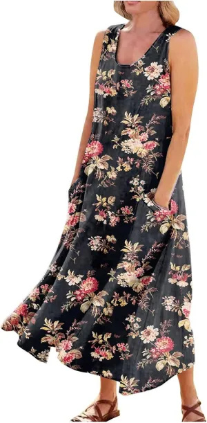 Cotton Linen Dresses for Women,Maxi Sleeveless Dresses Summer Casual Print Cotton Linen Sundress with Pockets (S-3XL)