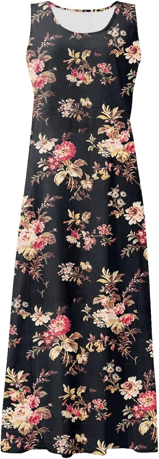 Cotton Linen Dresses for Women,Maxi Sleeveless Dresses Summer Casual Print Cotton Linen Sundress with Pockets (S-3XL)