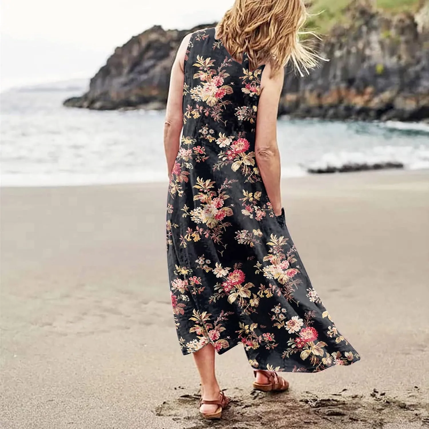 Cotton Linen Dresses for Women,Maxi Sleeveless Dresses Summer Casual Print Cotton Linen Sundress with Pockets (S-3XL)