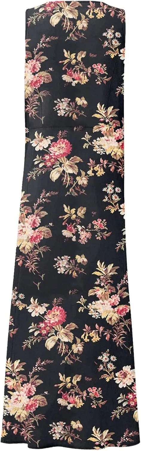 Cotton Linen Dresses for Women,Maxi Sleeveless Dresses Summer Casual Print Cotton Linen Sundress with Pockets (S-3XL)