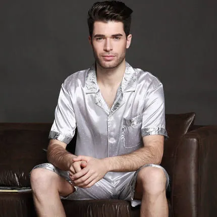Custom Men Satin Silk Pyjamas Sets Of T Shirt Shorts