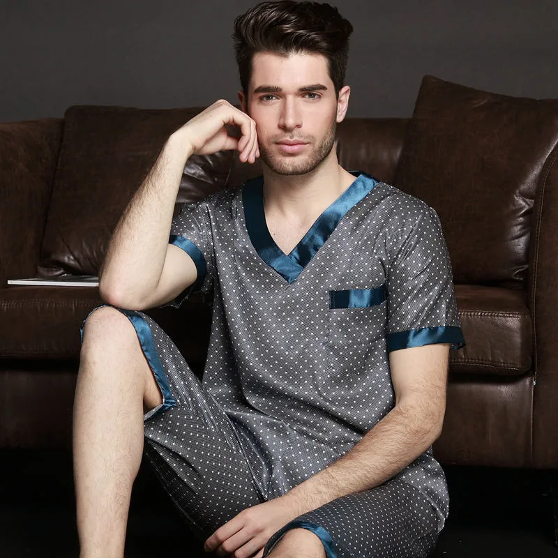 Custom Men Satin Silk Pyjamas Sets Of T Shirt Shorts