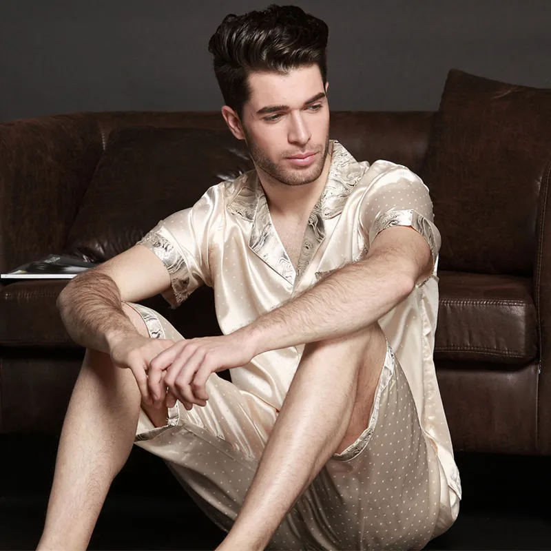 Custom Men Satin Silk Pyjamas Sets Of T Shirt Shorts