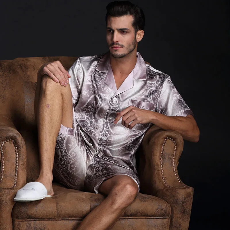Custom Men Satin Silk Pyjamas Sets Of T Shirt Shorts