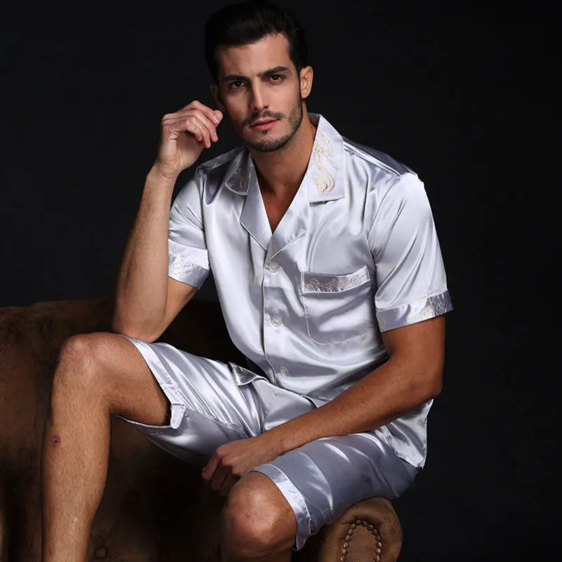 Custom Men Satin Silk Pyjamas Sets Of T Shirt Shorts