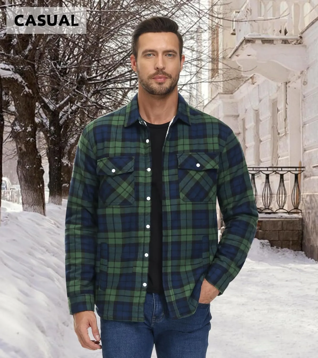EKLENTSON Men's Flannel Shirt Jacket Thick Fleece Lined Jackets Plaid Sherpa Jacket Cotton Winter Jackets With 5 Pockets