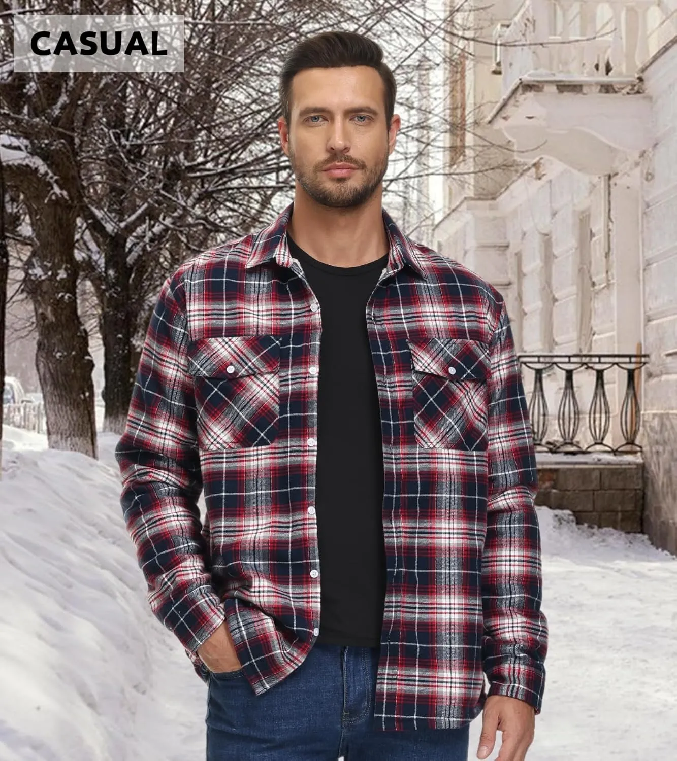 EKLENTSON Men's Flannel Shirt Jacket Thick Fleece Lined Jackets Plaid Sherpa Jacket Cotton Winter Jackets With 5 Pockets