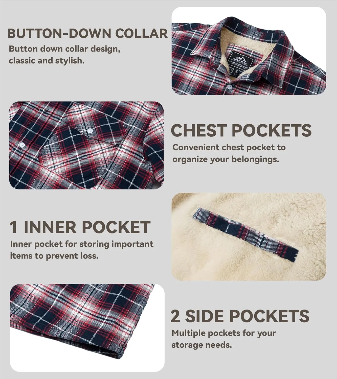 EKLENTSON Men's Flannel Shirt Jacket Thick Fleece Lined Jackets Plaid Sherpa Jacket Cotton Winter Jackets With 5 Pockets