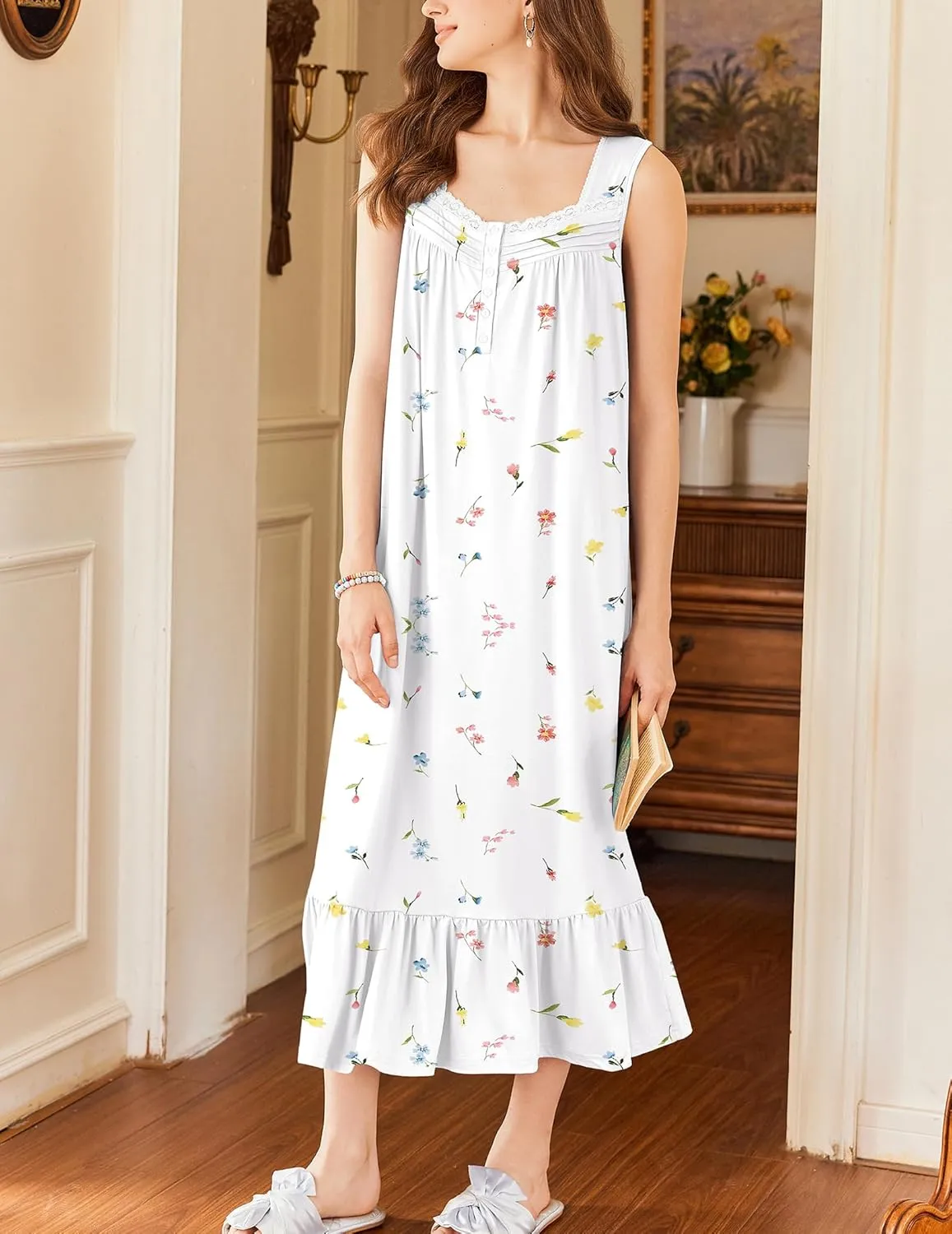 Ekouaer Nightgowns for Women Long Sleeveless Night Gown Victorian Nightdress Button Sleepshirt Soft Sleepwear S-XXXL