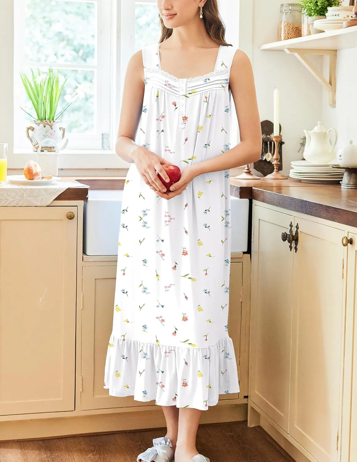 Ekouaer Nightgowns for Women Long Sleeveless Night Gown Victorian Nightdress Button Sleepshirt Soft Sleepwear S-XXXL