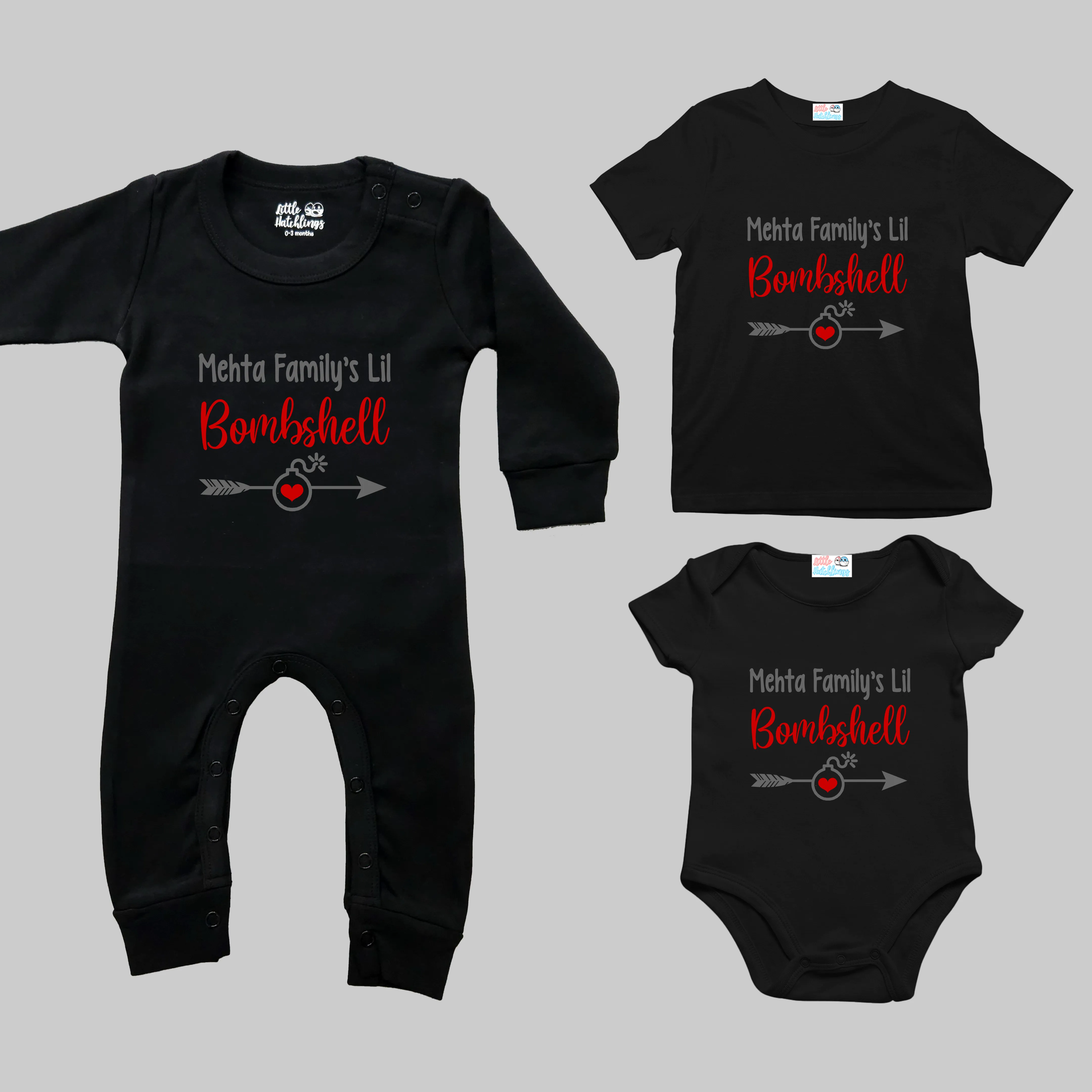Family's Little Bombshell Black (Surname) Onesie/Full Romper/Tshirt