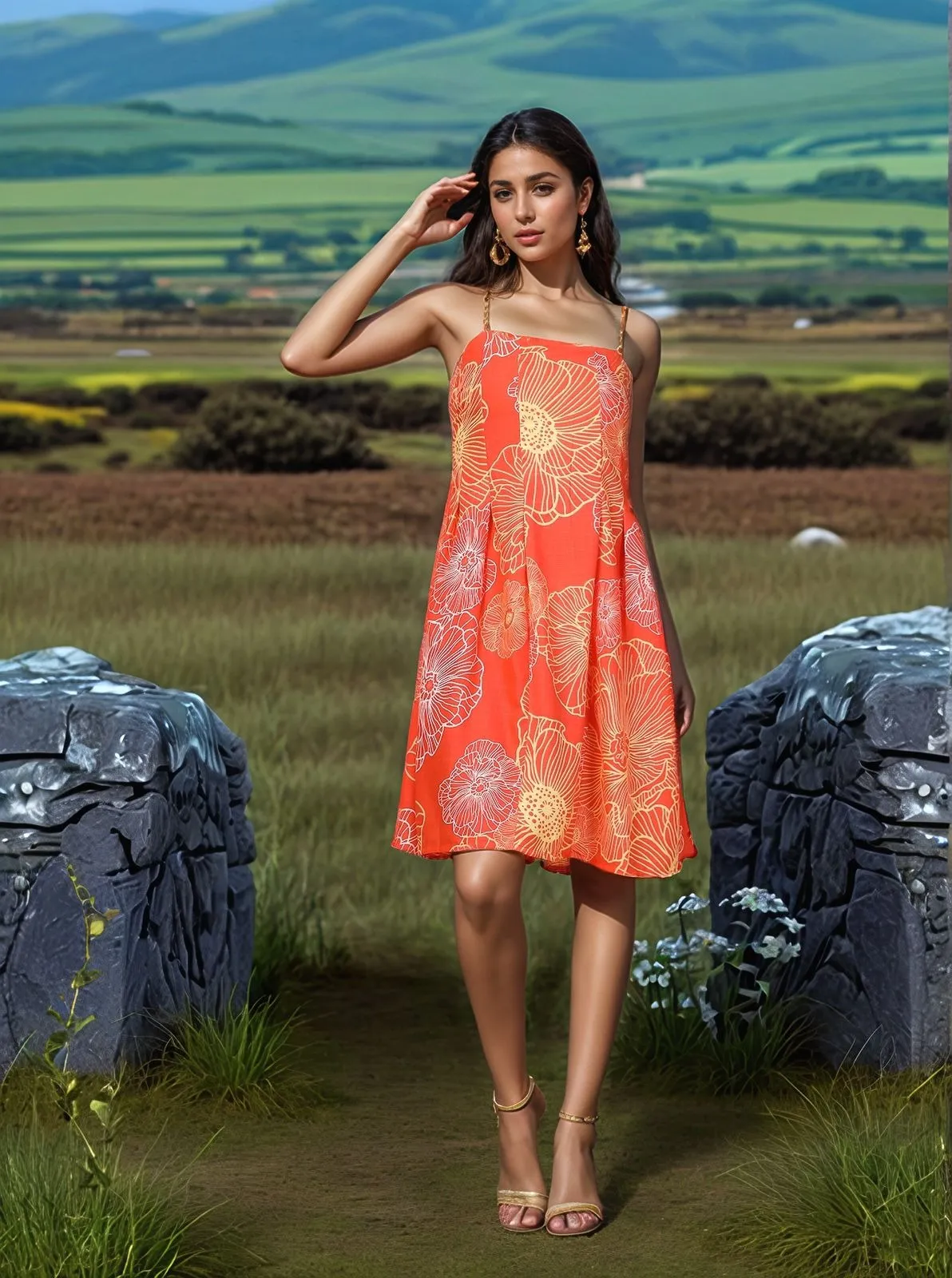Floral Printed Shoulder Straps Cotton A-Line Dress