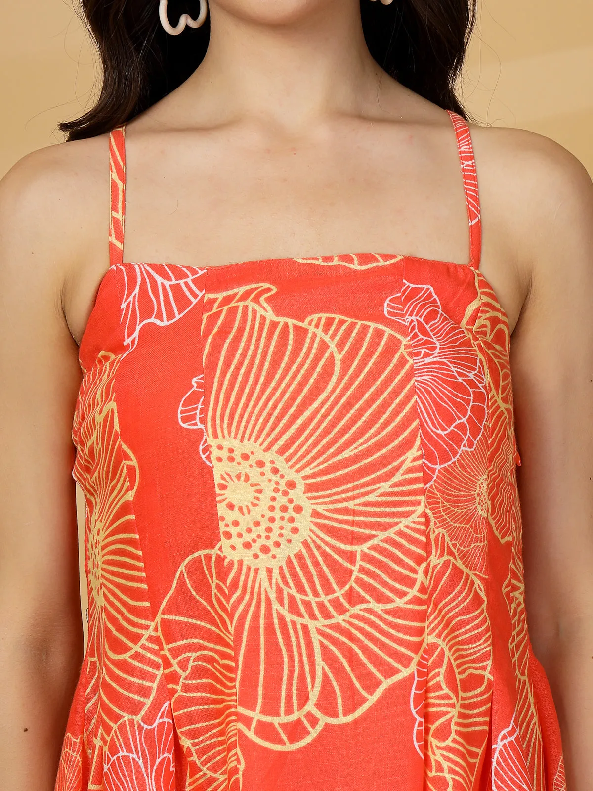 Floral Printed Shoulder Straps Cotton A-Line Dress