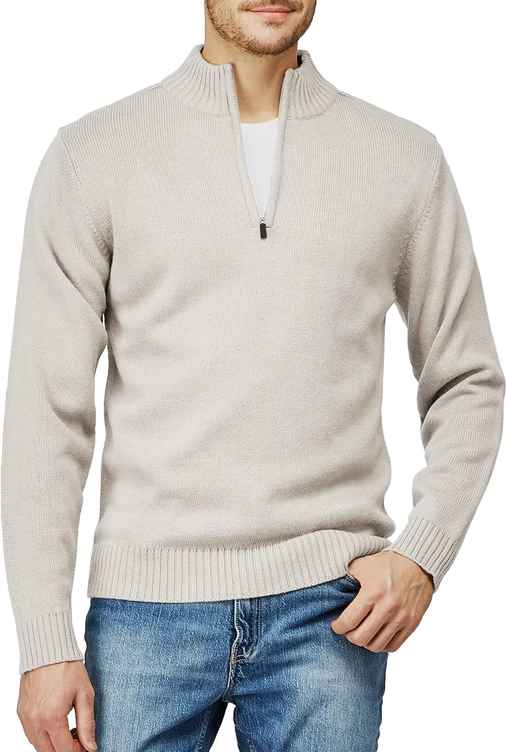 H2H Mens Casual Slim Fit Pullover Sweaters Long Sleeve Knitted Fabric Zip Up Mock Neck Polo Sweater