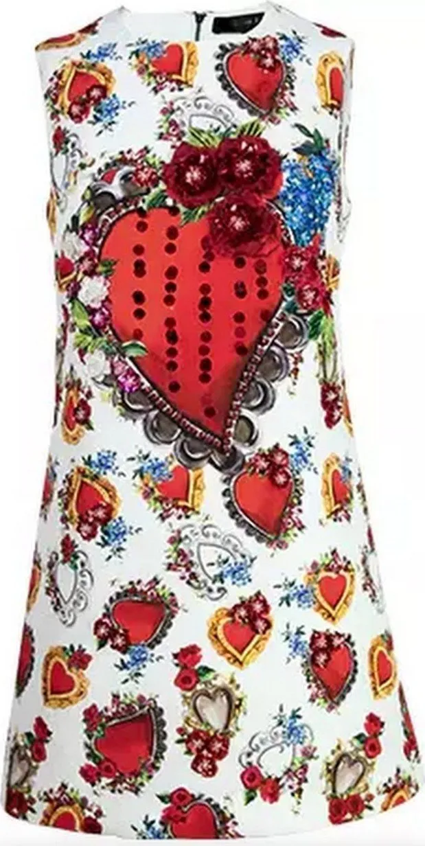 Heart Printed Floral-Appliques Mini Dress