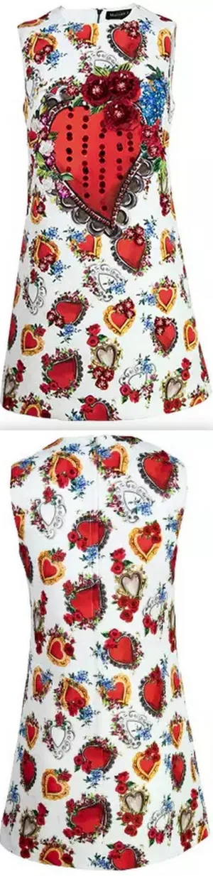 Heart Printed Floral-Appliques Mini Dress